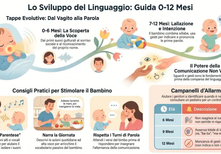 Bambino di 7-12 mesi che fa la lallazione, combinando sillabe e gesti per comunicare le prime parole.