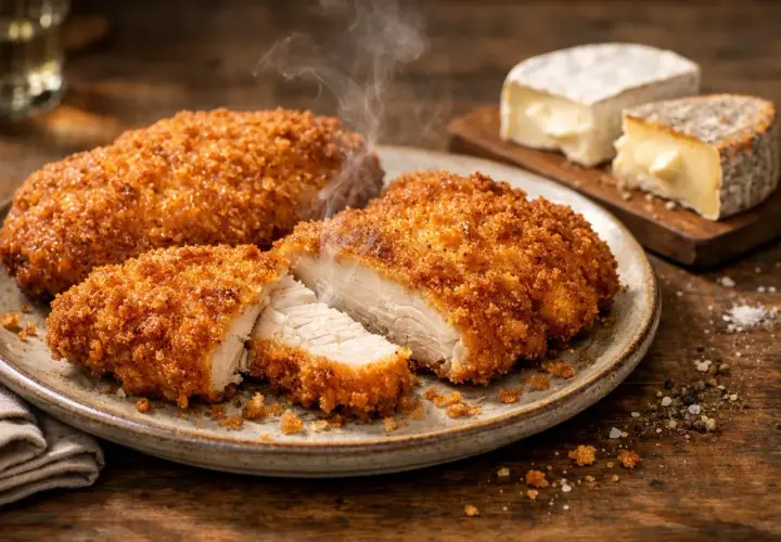 Trois morceaux de poulet pané fumants sur une assiette, accompagnés de fromage et de poivre.