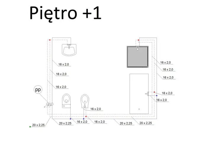 Schemat instalacji wodnej na piętrze +1, z widocznym przekrojem rury 16x2,0 i 20x2,25, prowadzącej do umywalki, WC i prysznica.