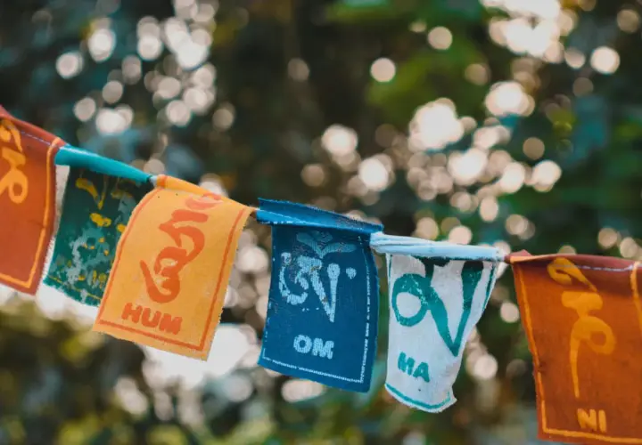 Kolorowe chorągiewki z buddyjskimi symbolami i słowami, jak "Om" i "Hum", tworzą wizualną mantrę.