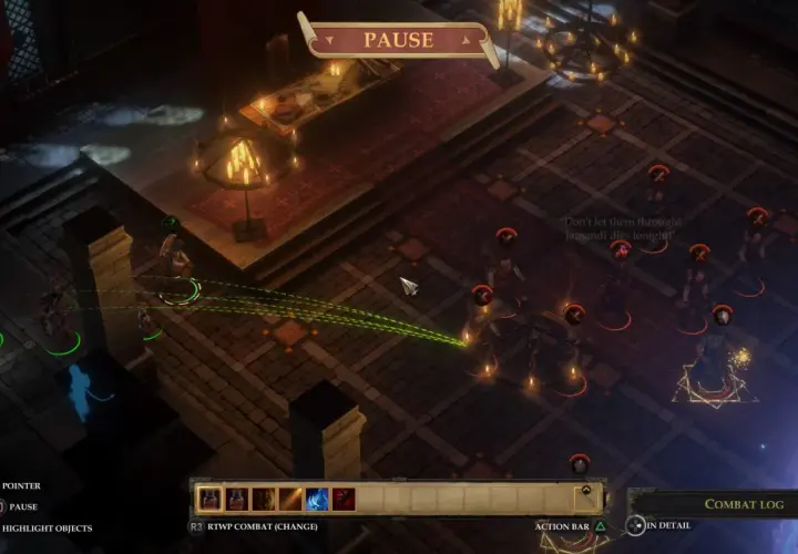 Postacie w grze Pathfinder Kingmaker Spolszczenie w trakcie walki. Widok z góry na arenę.