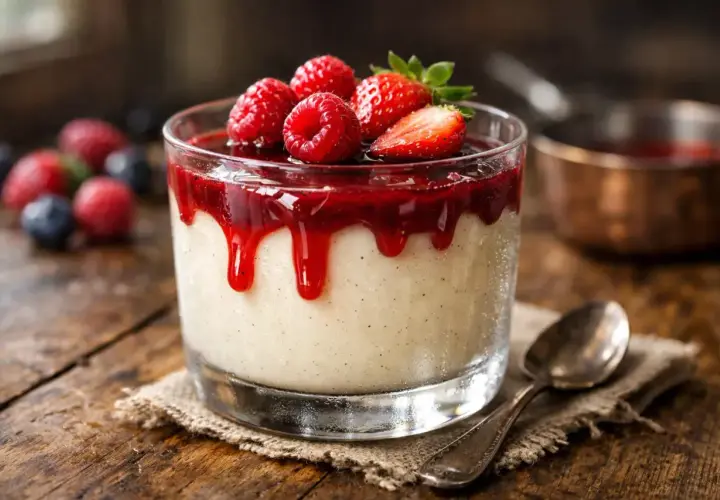 Délicieux panna cotta yaourt, nappé de coulis de fruits rouges et garni de framboises et fraises fraîches. Un délice !