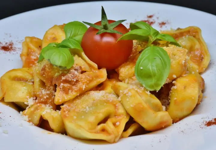 Pyszne tortellini na talerzu, polane sosem pomidorowym, ozdobione listkami bazylii i pomidorkiem.