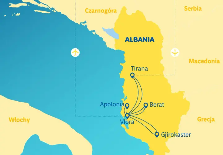 Mapa pokazuje lotniska w Albanii: Tiranę, Wlorę, Apolonię, Berat i Gjirokaster.
