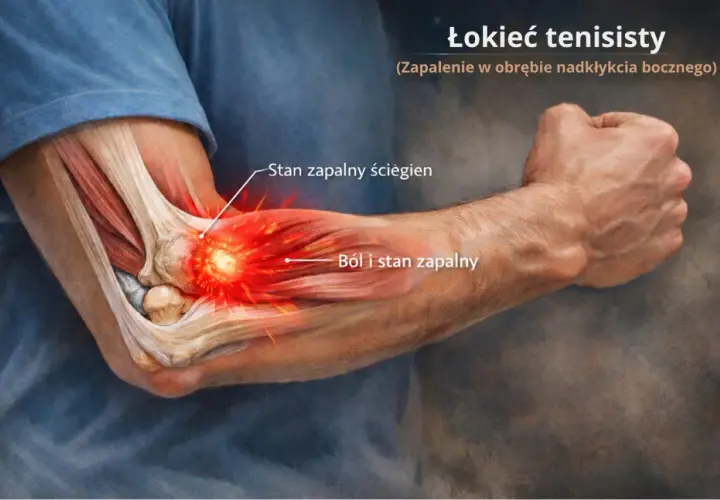 Ilustracja przedstawia łokieć tenisisty, z zaznaczonym stanem zapalnym ścięgien i bólem. Test łokcia tenisisty.