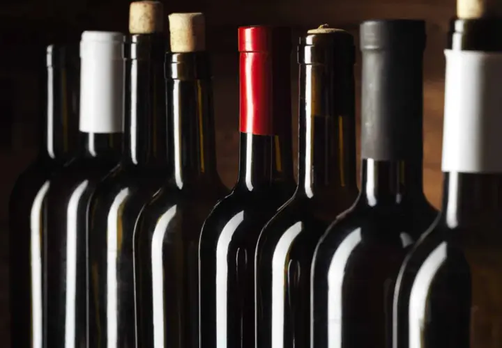 Bouteilles de vin alignées, certaines avec bouchons en liège, d'autres avec capsules. Un aperçu des trésors d'un domaine viticole Roussillon.