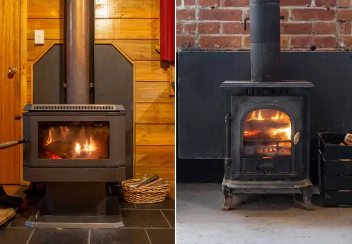 Deux poêles à bois, l'un moderne dans un chalet, l'autre ancien sur fond de briques. L'isolation poele a bois est essentielle pour la sécurité et l'efficacité.