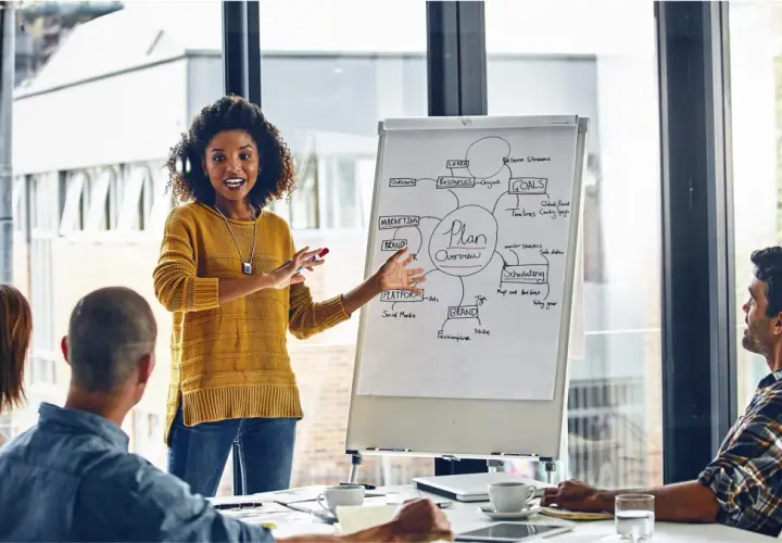 A woman leads a meeting, using influential communication to explain a plan overview on a whiteboard to her colleagues.