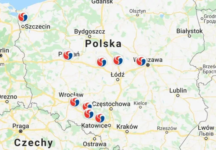 Mapa Polski z zaznaczonymi punktami. Widać autostradę A4, a także lokalizacje miast takich jak Katowice i Kraków, sugerujące opłaty.