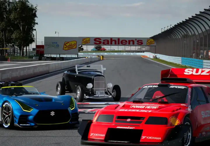 Trzy samochody wyścigowe na torze, w tym niebieski Suzuki, czerwony Suzuki i czarny hot rod. Grafika z gry Gran Turismo na PC.