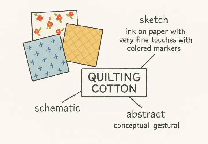 Three fabric swatches with different patterns, labeled "QUILTING COTTON." Can you use quilting cotton for clothing? Yes, it's versatile!