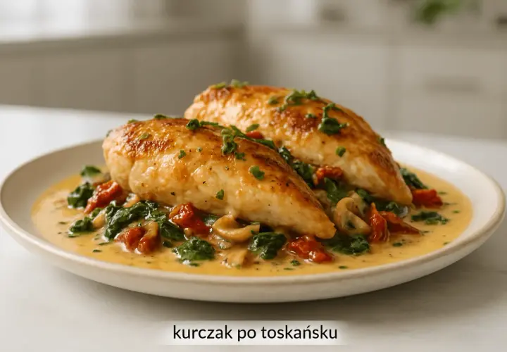 Dwa soczyste kawałki kurczaka w kremowym sosie z suszonymi pomidorami i szpinakiem. Pyszny kurczak po toskańsku, posypany szczypiorkiem.