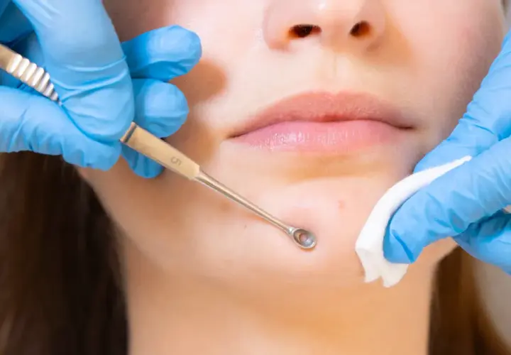 Un professionnel utilise un outil pour extraire un point noir, dans le cadre d'un soin visage en institut.