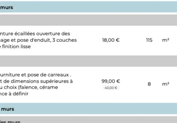Devis de rénovation : préparation des murs et pose de faïence. Des travaux supplémentaires non prévus au devis pourraient survenir.