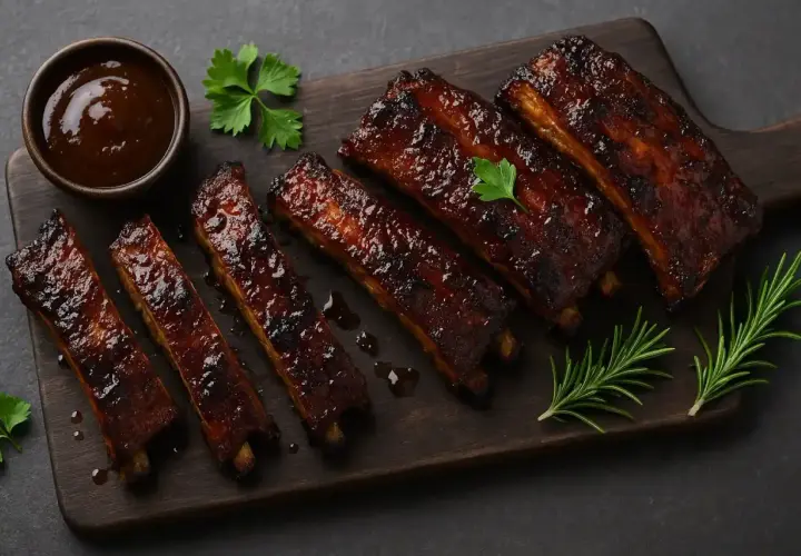 Des côtes de porc barbecue, laquées et brillantes, servies sur une planche en bois avec une sauce et des herbes fraîches.