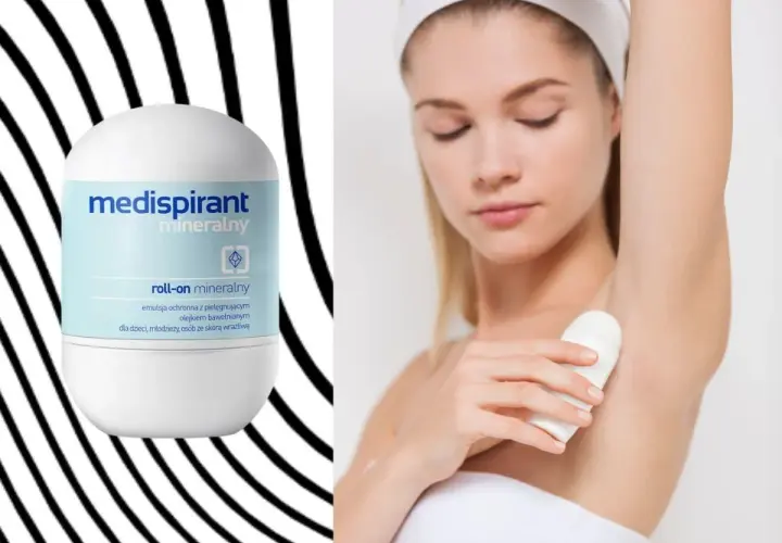 Kobieta stosuje antyperspirant Medispirant mineralny. Produkt z olejkiem bawełnianym dla skóry wrażliwej.