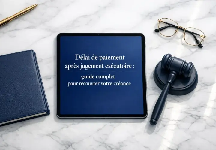 Un marteau de juge, des lunettes, un carnet et une tablette affichant "Délai de paiement après jugement exécutoire : guide complet pour recouvrer votre créance". J'ai gagné en cours d'appel !