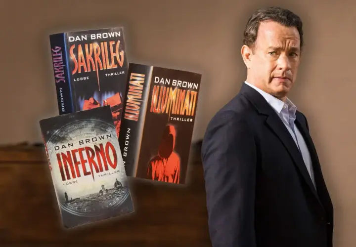 Tom Hanks als Robert Langdon, umgeben von Büchern von Dan Brown: Sakrileg, Illuminati und Inferno.
