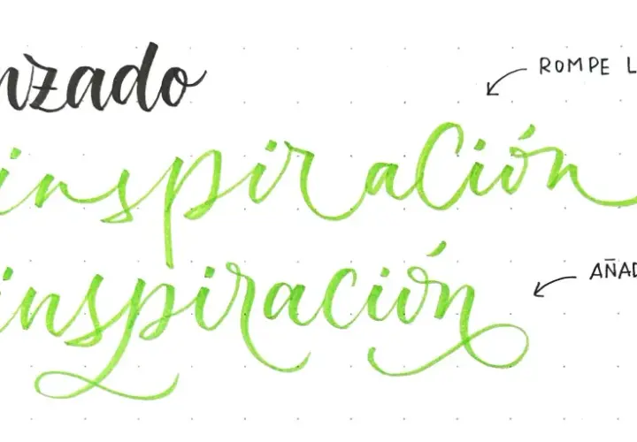 Avanzado" en negro y dos veces "inspiración" en verde, practicando lettering. Instrucciones: "Rompe las reglas" y "Añade florituras".