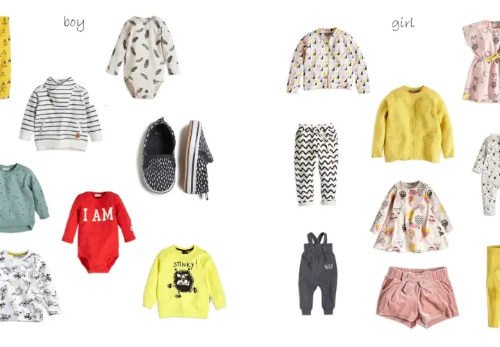 Ubranka dla dzieci: żółte spodnie w namioty, body w piórka, bluzy, czerwony rampers "I AM", żółta bluza "STINKY!", szare ogrodniczki "WILD". Lindex co to za marka?