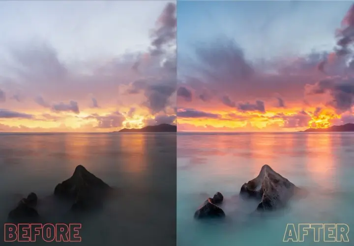 Zachód słońca nad morzem. Porównanie zdjęć "przed" i "po" edycji z użyciem darmowych presetów Lightroom.