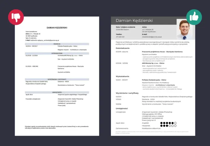 Zdjęcie przedstawia przykładowe CV architekta Damiana Kędzierskiego z elementami graficznymi.