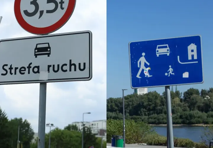 Znak "Strefa ruchu" z ikoną samochodu i znak niebieski z piktogramami ruchu drogowego i pieszych.