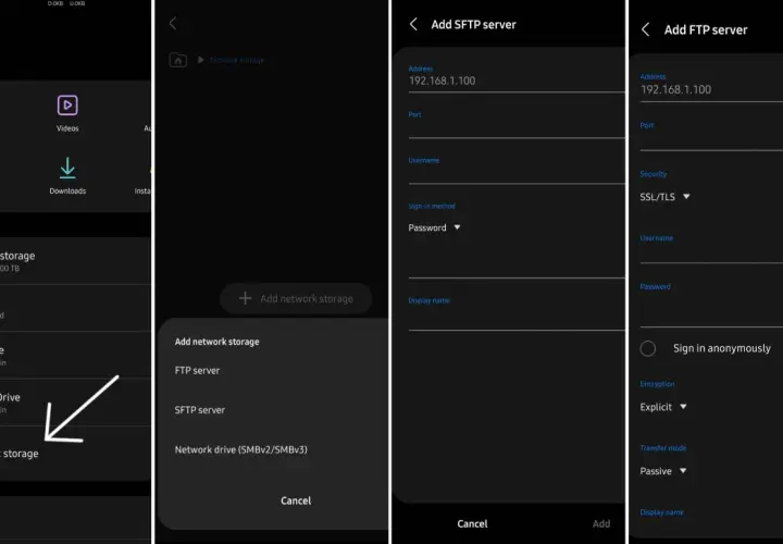 Android-Dateimanager zeigt Optionen zum Hinzufügen von Netzwerkspeicher, wie FTP- oder SFTP-Server, an.
