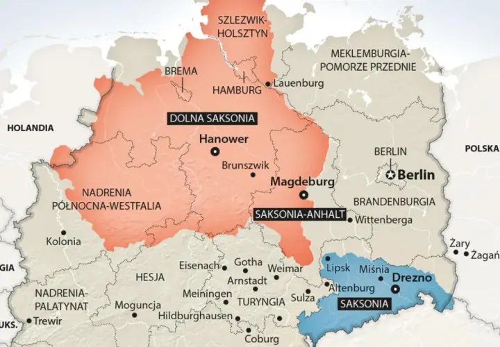 Mapa Niemiec z zaznaczonymi regionami. Gdzie leży Saksonia? Na wschodzie, obok Drezna i Lipska.
