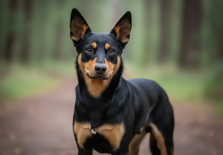 Ein aufmerksamer australian kelpie mit schwarzen und braunen Markierungen steht im Wald.