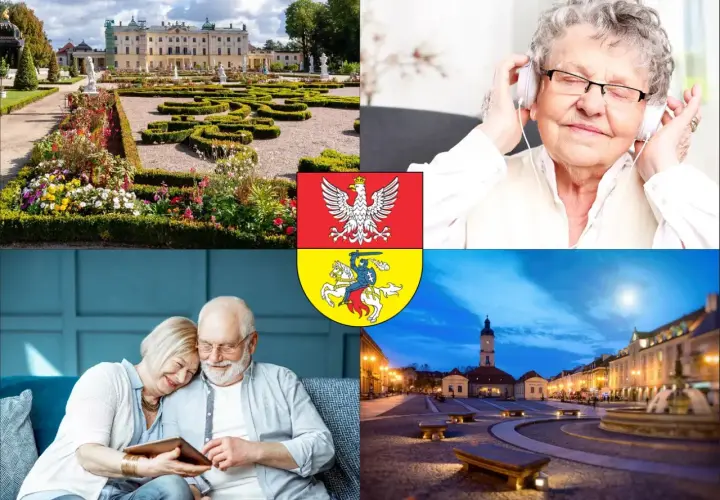 Pałac, starsza kobieta w słuchawkach, para seniorów, herby i rynek miejski.
