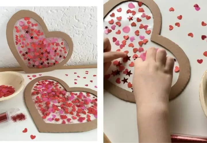 Manos pequeñas creando un corazón shaker con confeti rojo y rosa. Facil manualidades San Valentín niños.