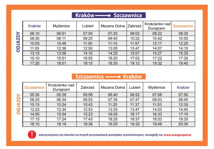 Rozkład jazdy busów Kraków - Szczawnica i Szczawnica - Kraków. Sprawdź cenę i godziny odjazdów.