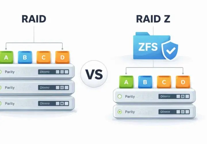 Porównanie tradycyjnego RAID z RAID Z, gdzie dane A, B, C, D są rozłożone na dyskach z parzystością. SSD RAID w akcji.