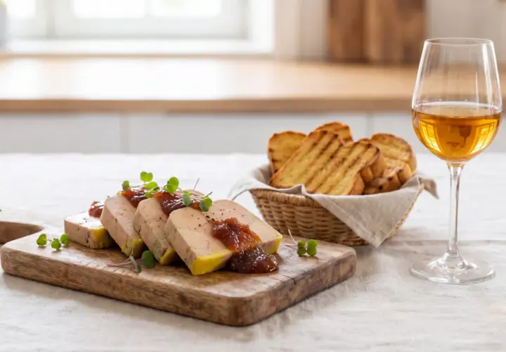 Tranches de foie gras mi cuit ou entier, garnies de confiture de figues et de pousses vertes, servies avec des toasts grillés et un verre de vin blanc.