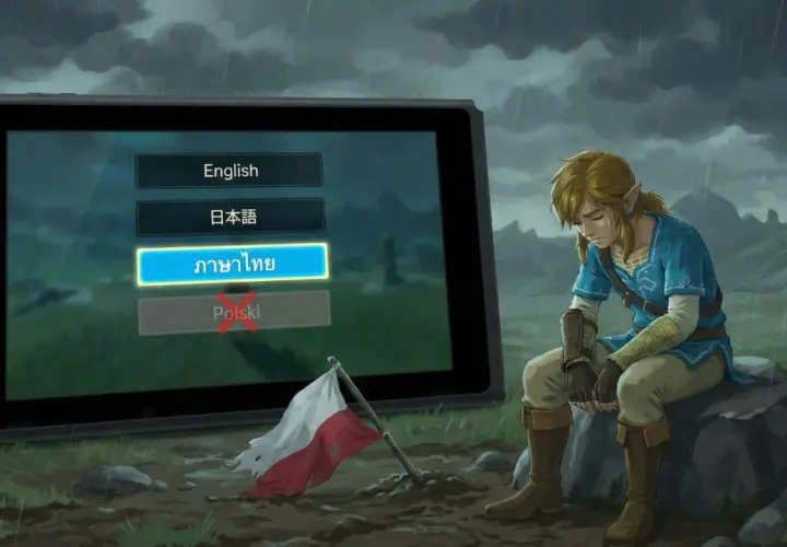 Smutny Link siedzi przy konsoli, na której widać wybór języków. Brak polskiej wersji językowej Zelda Breath of the Wild spolszczenie.