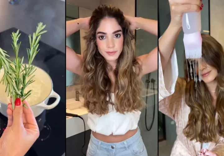 Preparación de agua de romero para el pelo: hierbas en agua hirviendo, mujer con cabello largo y rizado, y aplicación de líquido con peine.