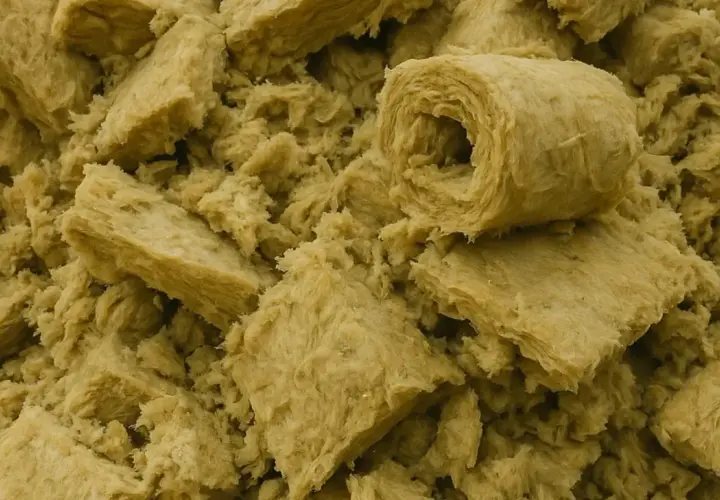 Góra pokruszonej wełny mineralnej, gotowa do utylizacji. Materiał izolacyjny w rolkach i kawałkach.