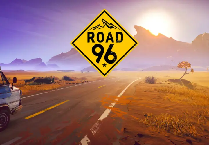 Droga 96: żółty znak ostrzegawczy z górami i napisem "ROAD 96" nad pustynną drogą, z widocznym vanem i słońcem.
