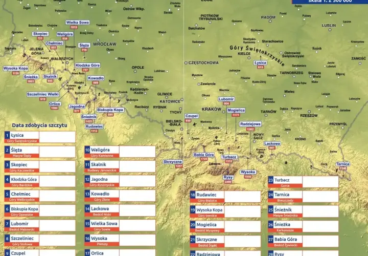 Mapa przedstawia plan korony gór polskich z zaznaczonymi szczytami i ich wysokościami.
