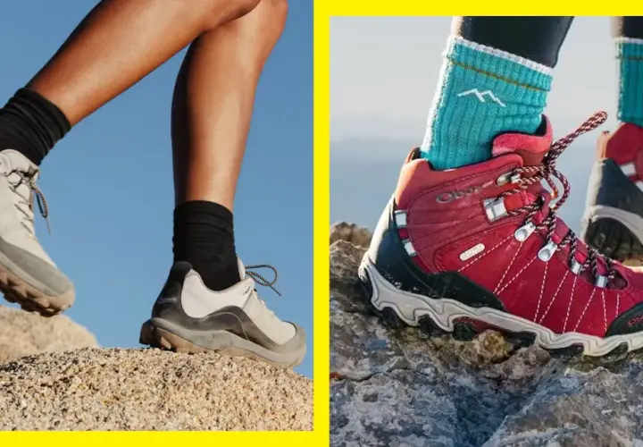 Two pairs of feet in hiking boots navigate rocky terrain. Are hiking boots necessary for this adventure?