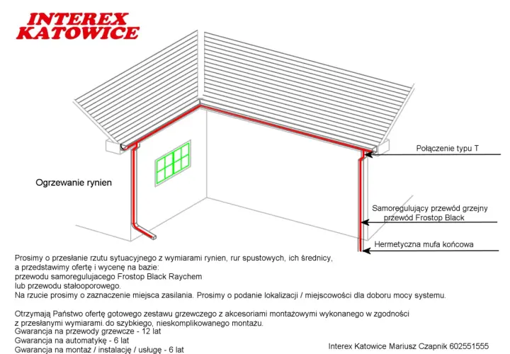 Schemat instalacji ogrzewania rynien. Samoregulujący przewód grzejny Frostop Black chroni przed oblodzeniem.