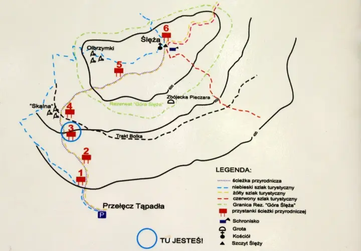 Mapa turystyczna Góry Ślęży z zaznaczonymi szlakami, punktami (np. Schronisko, Kościół) i legendą.