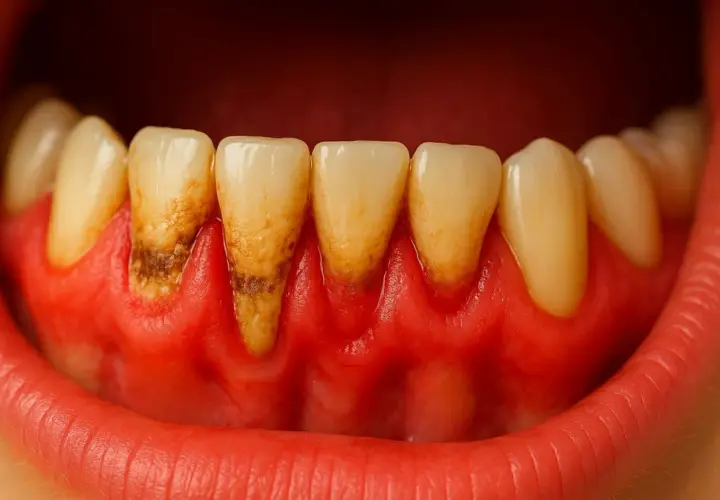 Dientes con sarro y encías inflamadas, un claro ejemplo de piorrea que es.