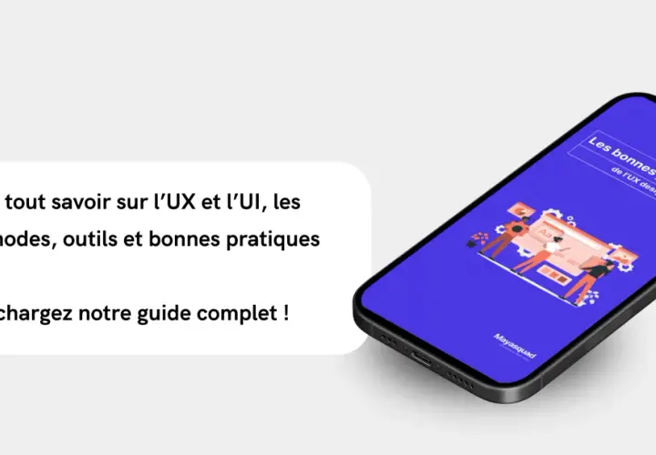 Guide sur les bonnes pratiques UX/UI pour le développement application mobile. Illustration d'une équipe travaillant sur une interface.