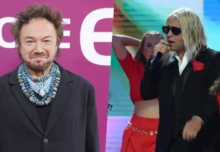 Mietek Szcześniak, znany partner sceniczny, w czarnym garniturze i z efektowną biżuterią. Obok niego wokalista z blond włosami i tancerki.