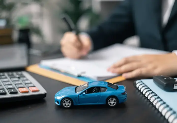 Niebieski model samochodu, kalkulator i kluczyki na biurku. Dłoń pisze na umowie, sugerując honda leasing.