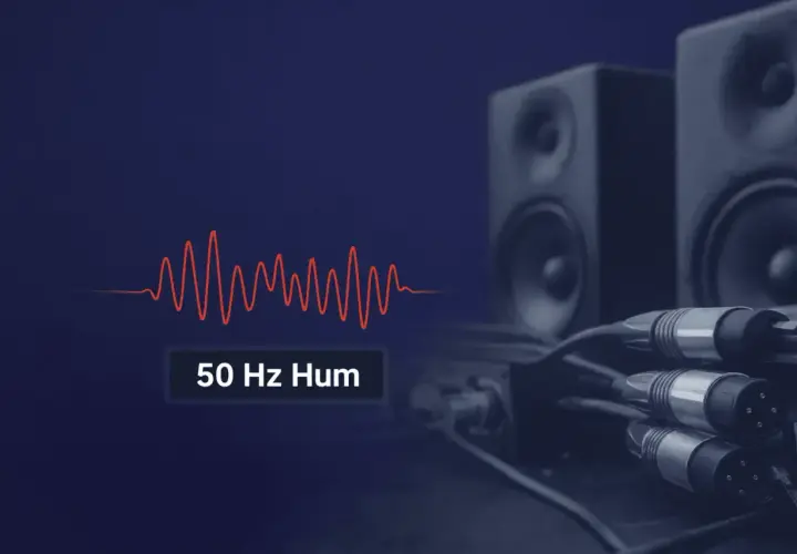 Onda sonora de 50 Hz y cables de audio conectados a altavoces, sugiriendo problemas de ground loops.