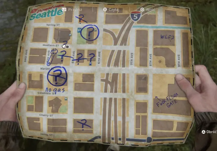 Mapa Seattle z zaznaczonymi miejscami i pytajnikami. Może zawierać wskazówki do sejfu w The Last of Us 2.