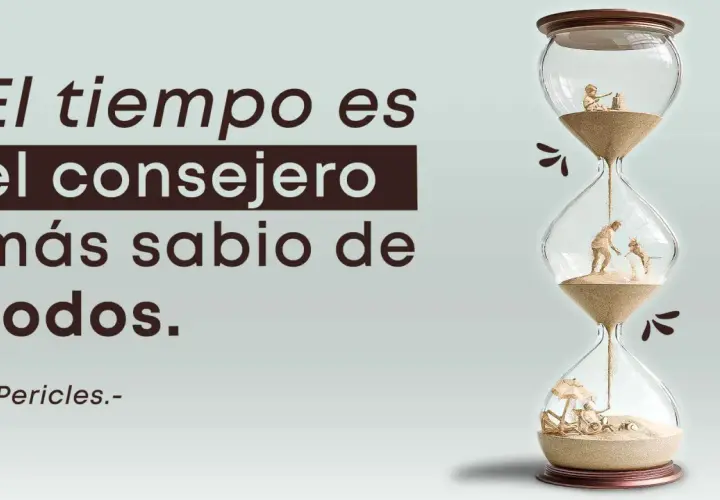 Reloj de arena con escenas de la vida y la frase "El tiempo es el consejero más sabio de todos".